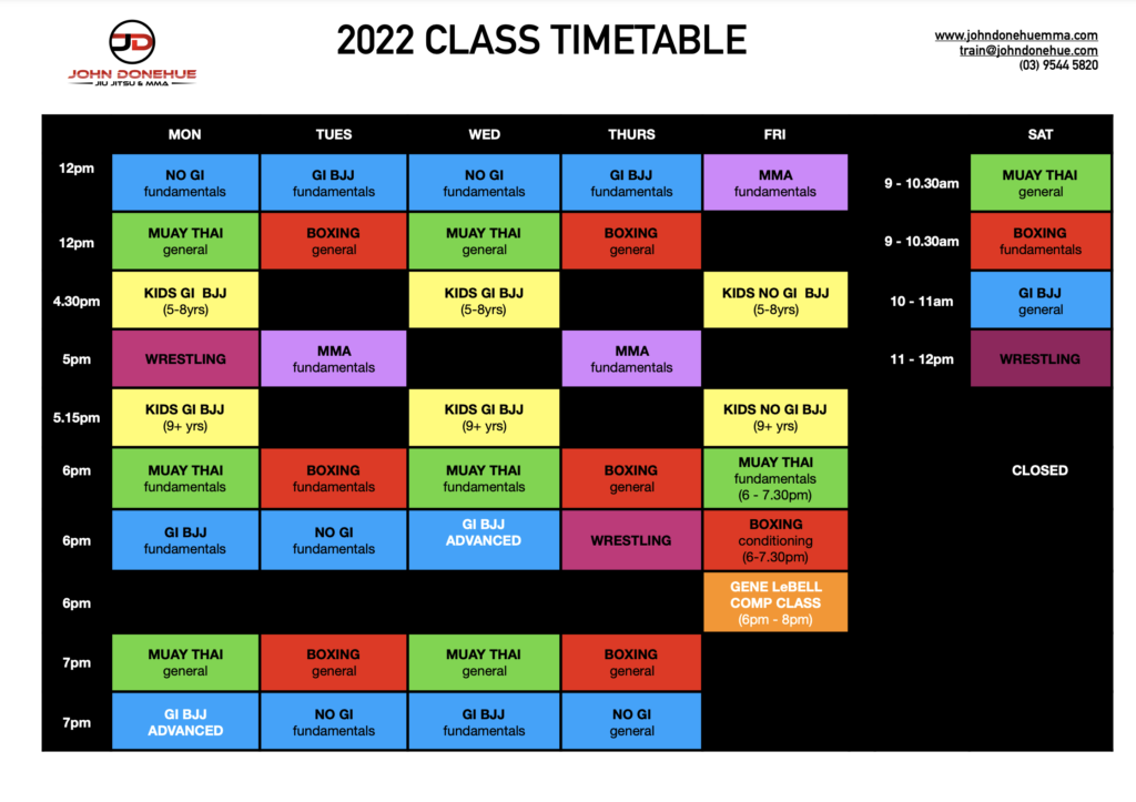John Donehue Jiu Jitsu and MMA Timetable